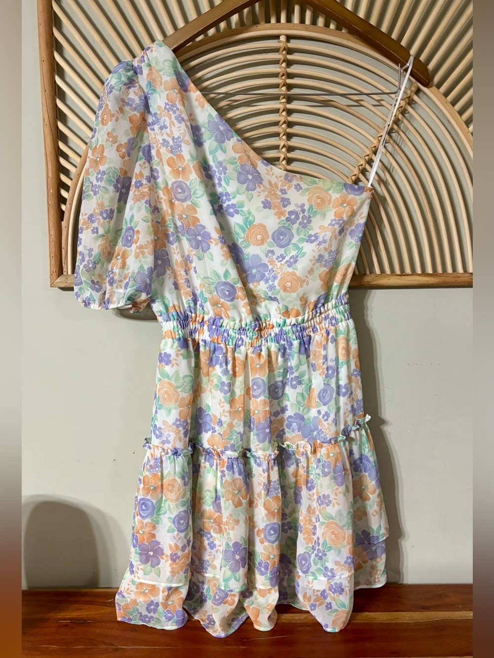 Wayf One-Shoulder Floral Dress in Lavender, Peach & Mint